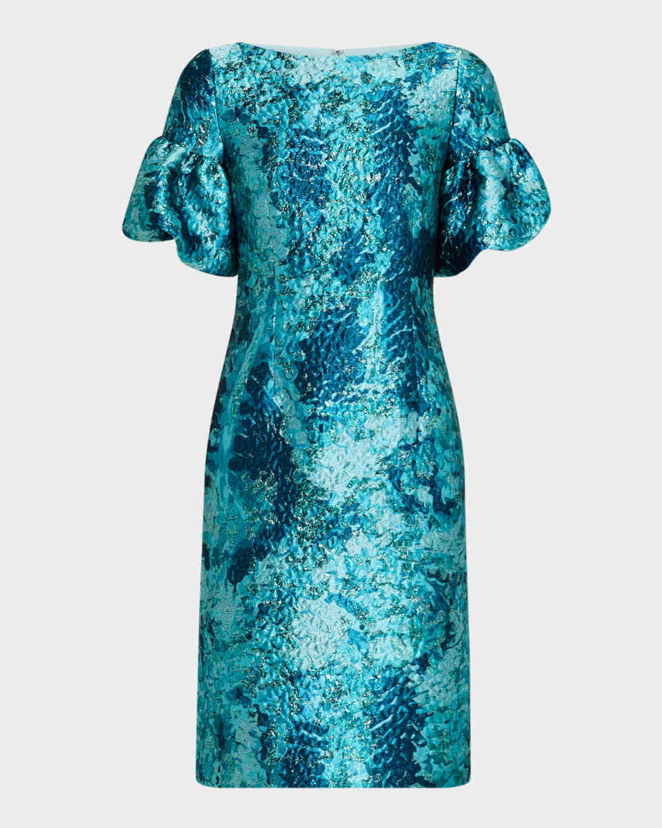 Puff-Sleeve Metallic Jacquard Dress